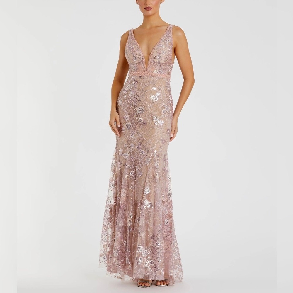 Mac Duggal 67481 Rose Pink Floral Embellished Sleeveless Plunge Neck Gown 14 NWT